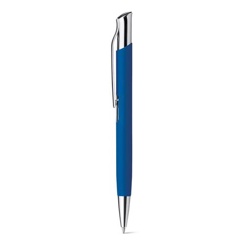 Penna a sfera in alluminio e finitura gommata in colori assortiti con meccanismo a scatto e refill blu