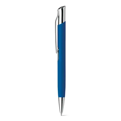 Penna a sfera in alluminio e finitura gommata in colori assortiti con meccanismo a scatto e refill blu
