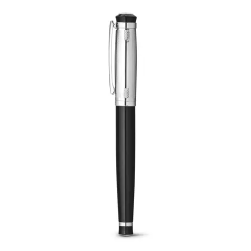 Set con penna roller e penna a sfera in metallo con refill blu fornita in scatola regalo con chiusura magnetica nera