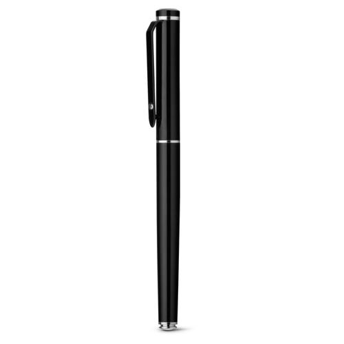 Penna roller in metallo disponibile in bianco e nero con cappuccio e refill blu