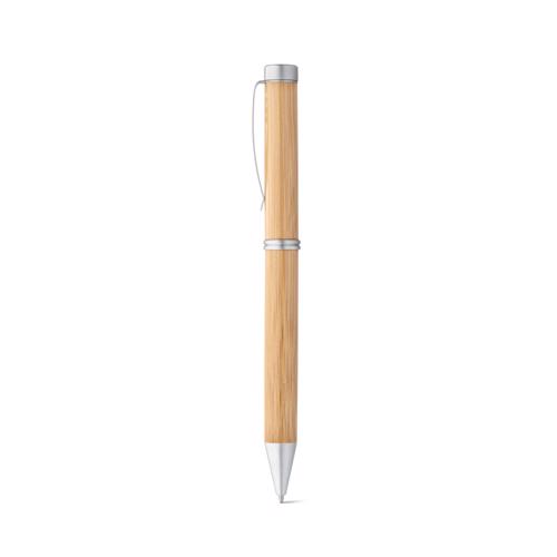 Penna a sfera in bambù con meccanismo a rotazione e custodia in carta e refill blu
