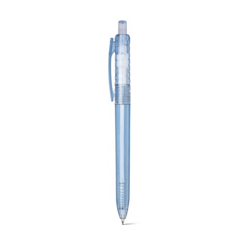 Penna a sfera in RPET traslucido colorata con meccanismo a scatto e refill blu