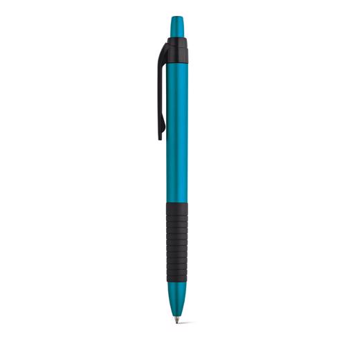 Penna a sfera in plastica con finitura metallizzata in colori assortiti e impugniatura gommata con meccanismo a scatto e refill blu