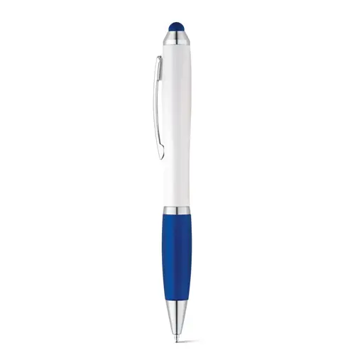 Penna a sfera in plastica con clip in metallo e impugnatura antiscivolo colorata in coordinato con la punta touch e refill blu