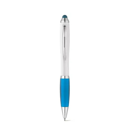 Penna a sfera in plastica con clip in metallo e impugnatura antiscivolo colorata in coordinato con la punta touch e refill blu