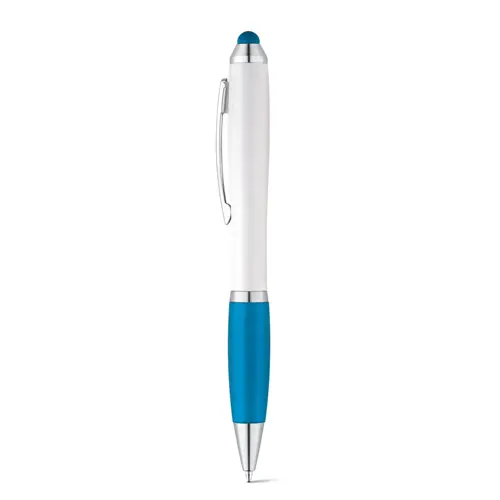 Penna a sfera in plastica con clip in metallo e impugnatura antiscivolo colorata in coordinato con la punta touch e refill blu