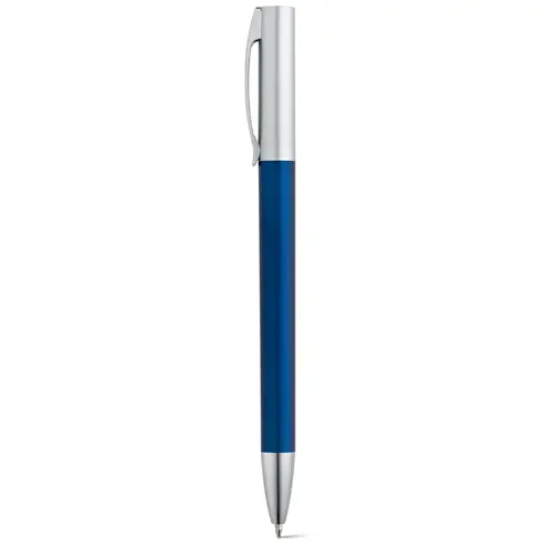 Penna a sfera in plastica con clip in metallo e finitura metallizzata con meccanismo a rotazione e refill blu