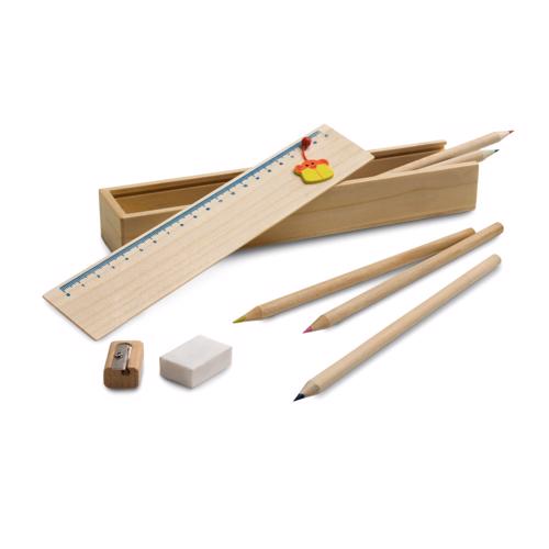 Set per disegnare composto da scatola in legno con righello matite colorate temperino e gomma