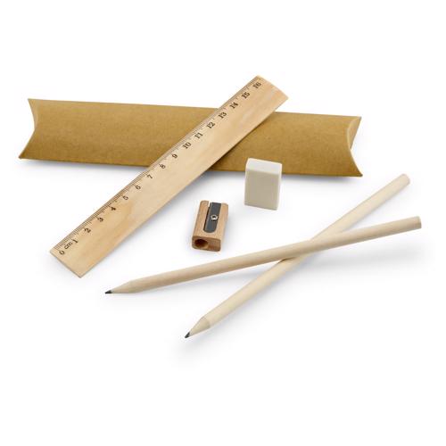 Set scrittura composto da righello matite temperino e gomma fornite in astuccio di carta