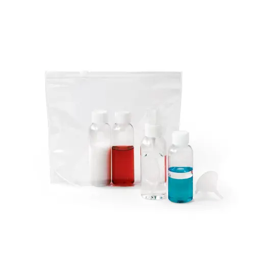 Sacchetto ermetico in PVC completo di flaconcini 190x155x40mm