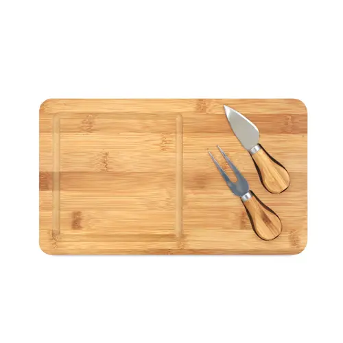 Tagliere per formaggi in bambù con due utensili in acciaio inox 31x18x1cm