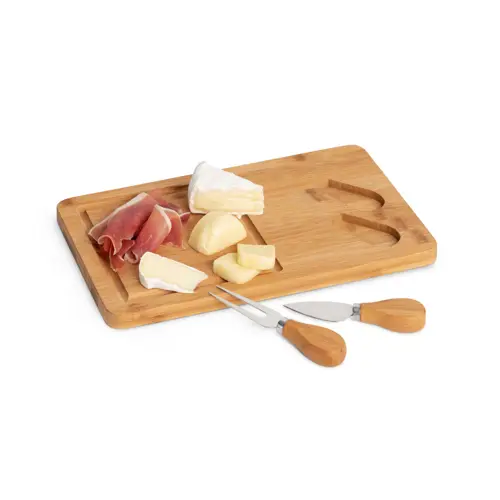 Tagliere per formaggi in bambù con due utensili in acciaio inox 31x18x1cm