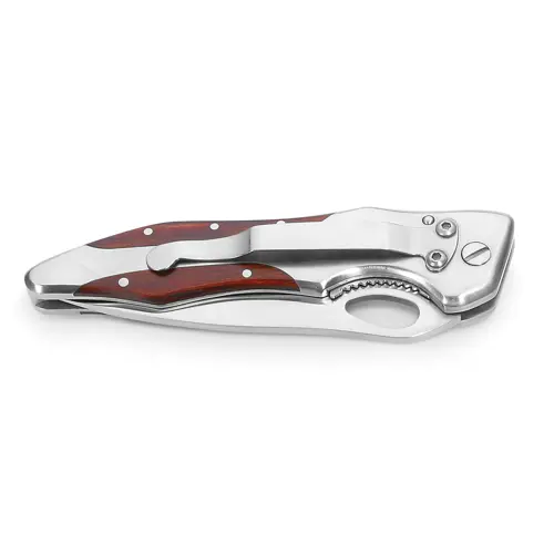 Coltellino tascabile in acciaio inox e legno con chiusura di sicurezza e clip
