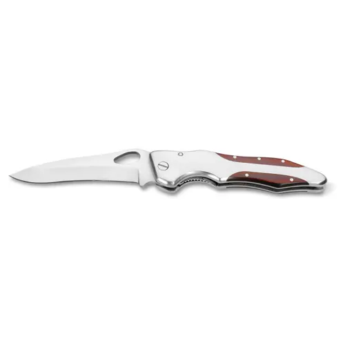 Coltellino tascabile in acciaio inox e legno con chiusura di sicurezza e clip