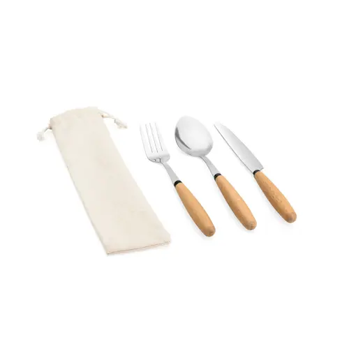 Set posate da 3 pezzi in legno di acacia e acciaio e custodia di cotone