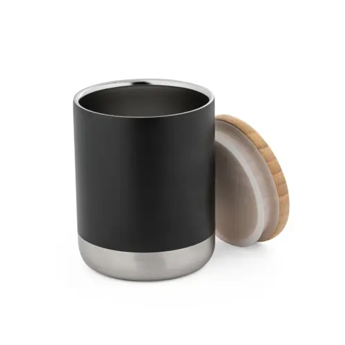 Bicchiere termico in acciaio inox a doppio corpo con isolamento sottovuoto e coperchio in bambù 370ml