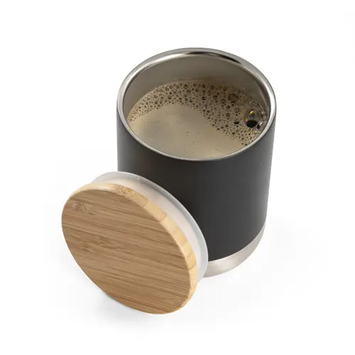 Bicchiere termico in acciaio inox a doppio corpo con isolamento sottovuoto e coperchio in bambù 370ml