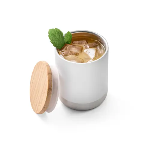 Bicchiere termico in acciaio inox a doppio corpo con isolamento sottovuoto e coperchio in bambù 370ml