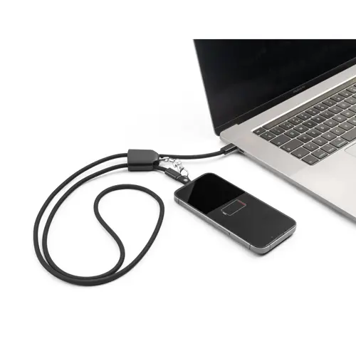Lanyard in ABS e TPE riciclati con supporto per smartphone e cavo USB-C con adattatori