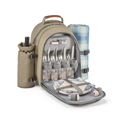 Zaino termico in poliestere con porta bottiglia e accessori da pic nic per 4 persone compresa una coperta