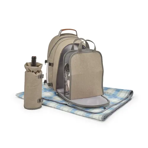 Zaino termico in poliestere con porta bottiglia e accessori da pic nic per 4 persone compresa una coperta