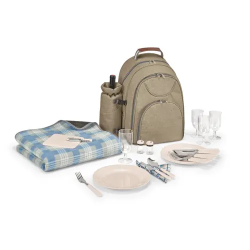 Zaino termico in poliestere con porta bottiglia e accessori da pic nic per 4 persone compresa una coperta