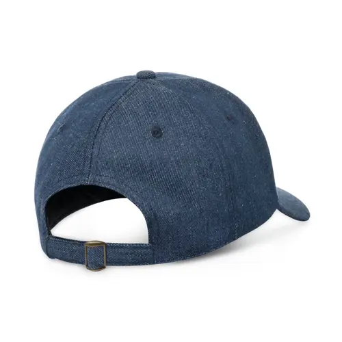 Cappellino in denim cotone e poliestere con 6 pannelli e fori ricamati per la ventilazione regolabile con fibbia in metallo