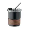 Bicchiere in acciaio inox riciclato con cannuccia coperchio e impugnatura in acacia 260ml