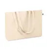 Shopper o borsa da spiaggia in cotone riciclato a soffietto con mainci lunghi in colore naturale da 280gr 49x9x37cm