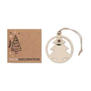 Decorazione in legno a forma di albero con cordoncino di iuta e semi di abete rosso in busta kraft