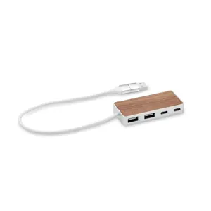 Hub USB a 4 porte in alluminio riciclato e dettagli noce 2 porte USB-C e 2 poorte USB-A