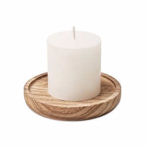 Candela fragranza vaniglia su base in legno a forma rotonda