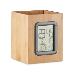 Portapenne in bambù con calendario sveglia e termometro