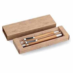 Set penna con refill blu e matita in bambù con scatola