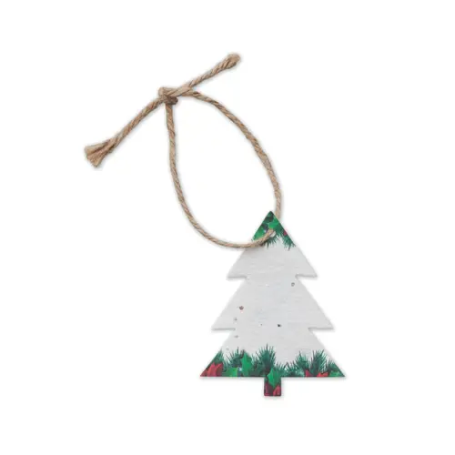 Decorazione natalizia a forma di albero in carta con semi di fiori di campo e corda in juta