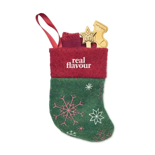 Set posate natalizio per dessert composto da cucchiaio e forchetta in acciaio inox e tovagliolo in cotone in sacchetto a forma di calza