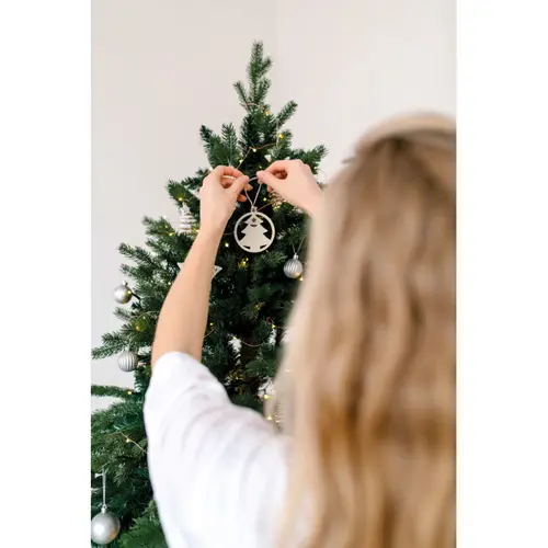 Decorazione in legno a forma di albero con cordoncino di iuta e semi di abete rosso in busta kraft