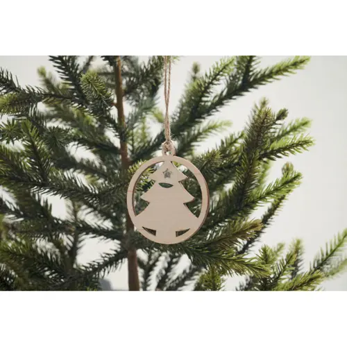 Decorazione in legno a forma di albero con cordoncino di iuta e semi di abete rosso in busta kraft