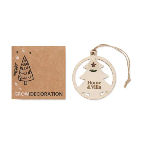 Decorazione in legno a forma di albero con cordoncino di iuta e semi di abete rosso in busta kraft