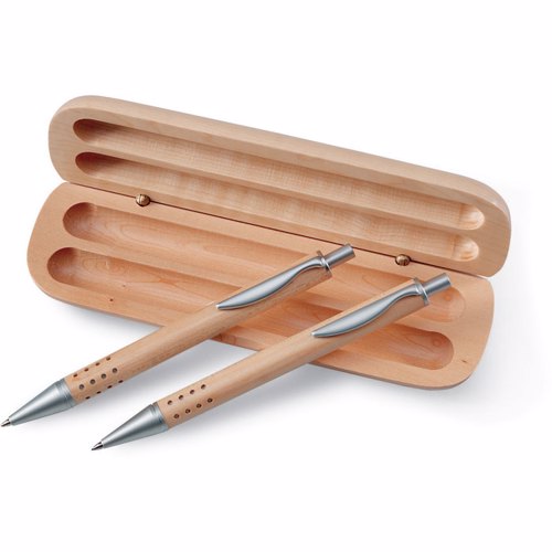 Set con penna a sfera con refill nero e matita con meccanismo a scatto in confezione di legno