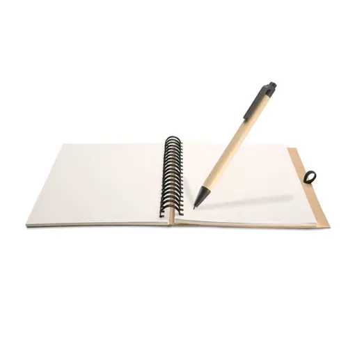 Block notes B6 in carta riciclata e fogli neutri con rilegatura a spirale e penna refill blu