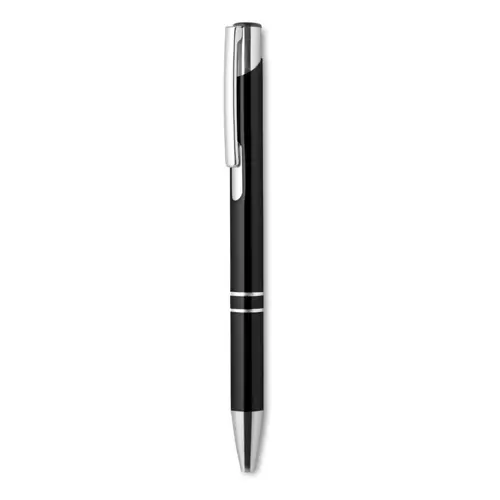 Penna a sfera in metallo con finiture in alluminio disponibile in vari colori con meccanismo a scatto e refill nero