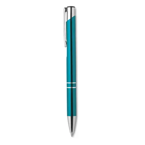 Penna a sfera in metallo con finiture in alluminio disponibile in vari colori con meccanismo a scatto e refill nero