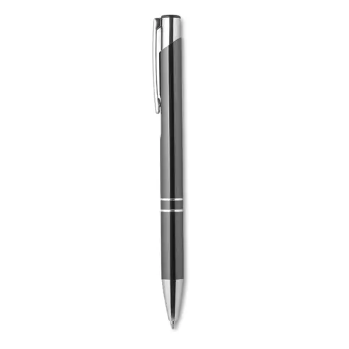 Penna a sfera in metallo con finiture in alluminio disponibile in vari colori con meccanismo a scatto e refill nero