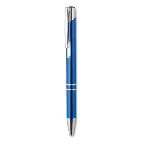 Penna a sfera in metallo con finiture in alluminio disponibile in vari colori con meccanismo a scatto e refill nero