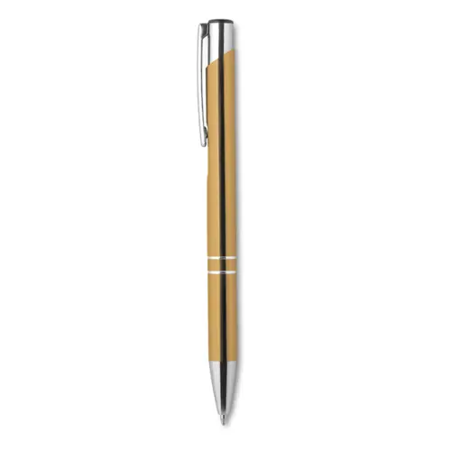 Penna a sfera in metallo con finiture in alluminio disponibile in vari colori con meccanismo a scatto e refill nero
