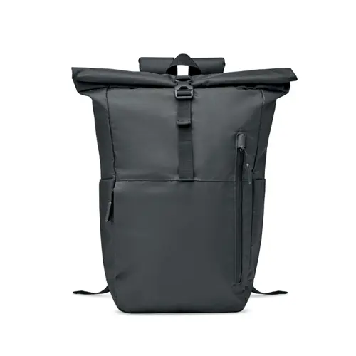 Zaino porta pc da 15" rolltop in RPET con ampia tasca frontale e chiusura con cerniera a zip e tasche laterali per le borracce