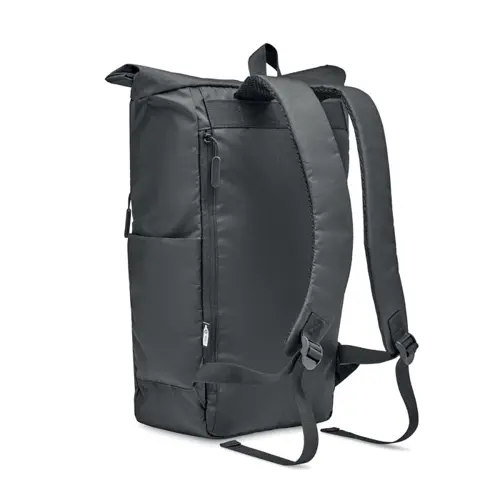 Zaino porta pc da 15" rolltop in RPET con ampia tasca frontale e chiusura con cerniera a zip e tasche laterali per le borracce