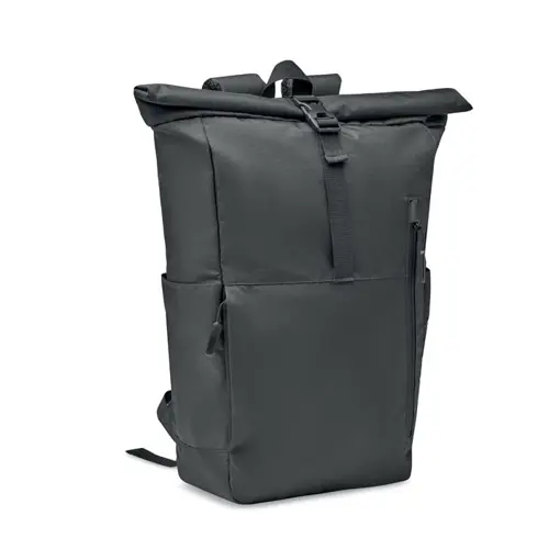 Zaino porta pc da 15" rolltop in RPET con ampia tasca frontale e chiusura con cerniera a zip e tasche laterali per le borracce