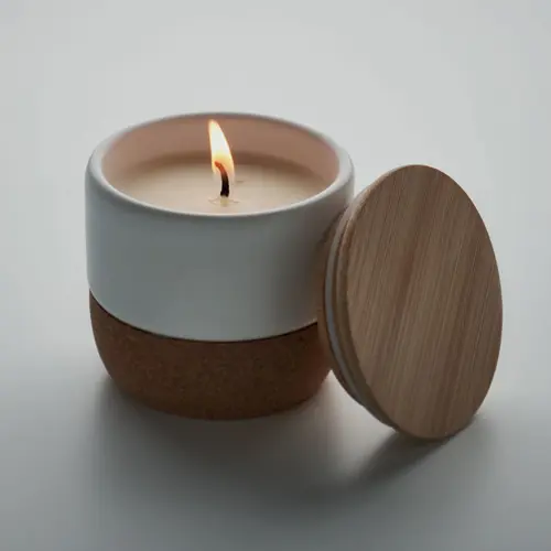 Candela in cera vegetale 80 gr vaso di gres con coperchio in bambù e base in sughero